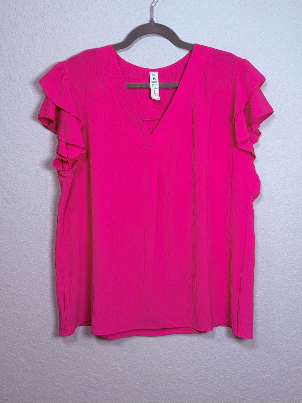 V-Neck Ruffle Sleeve Blouse in Bright Pink
